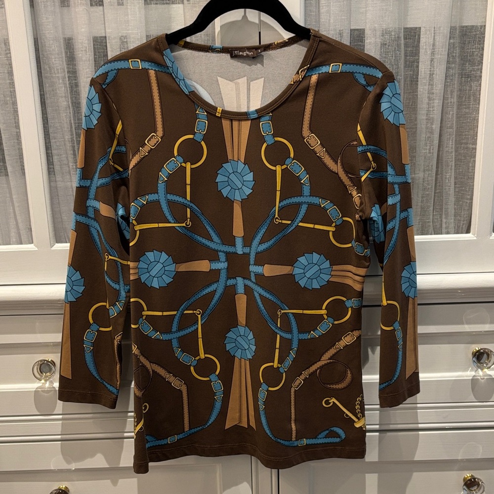 J. McLaughlin Brown and Blue Horse Bit Patterned 3/4 Sleeve Top